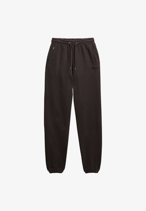 Zwarte sweatpants gemaakt van zachte stof, met een elastische tailleband met trekkoord, zijzakken en aangesloten manchetten bij de enkels.