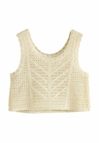Top court au crochet de couleur crème avec un design en maille ouverte texturée, comportant un motif en chevrons et des bords festonnés le long de l'encolure et de l'ourlet.