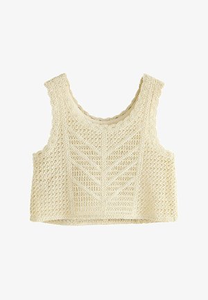 Kreemivärvi heegeldatud crop top, millel on tekstuuriga avatud kudumise disain, featuring chevron mustri ja lainelised servad kaeluses ning allservas.