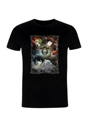 Zwart katoenen T-shirt met een grafische print van animepersonages, schedel en appel, omlijst door sierlijke details.