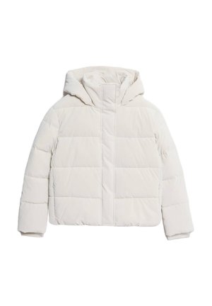 Veste blanche rembourrée avec capuche, présentant une coupe carrée, une texture matelassée et une fermeture éclair à l'avant, conçue pour la chaleur et le confort.