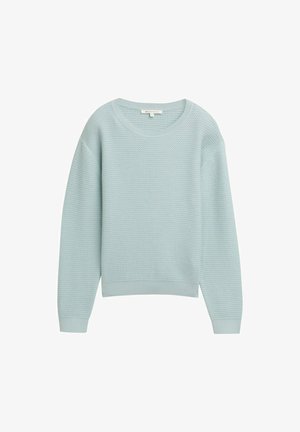 Lysblå strikket sweater med et struktureret mønster, rund halsudskæring og ribbede manchetter og kant. Blødt, åndbart stof for komfort.