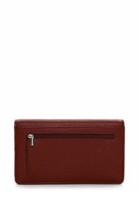 Red leather wallet with a textured finish, featuring a front zipper pocket and a simple, rectangular design.