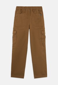 Pantaloni cargo marroni con vestibilità comoda, vita elastica, due tasche laterali cargo e due tasche posteriori. Realizzati in tessuto di cotone resistente.