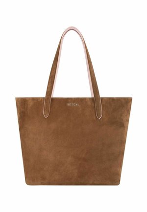 Sac cabas en daim marron avec deux longues poignées et petit logo "ROECKL" au centre près du bord supérieur.