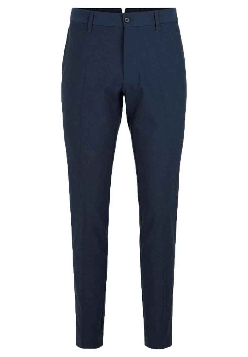 Pantalons ajustés bleu marine, dotés de passants de ceinture, de plis à l'avant et d'une coupe slim. Fabriqués en tissu léger et lisse.