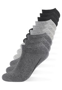 Eine Auswahl an Knöchelsocken in verschiedenen Grautönen, mit gerippter Textur und einem tiefen Schnitt im No-Show-Stil.