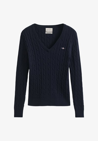 STRETCH CABLE V-NECK - Pullover - evening blue
