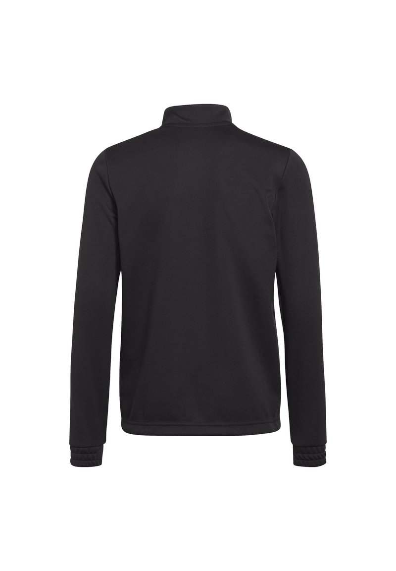 Zwarte lange-mouwen pullover met een hoge kraag, gemaakt van gladde stof. Heeft textuur bij de manchetten en een schone, gestroomlijnde achterkant.