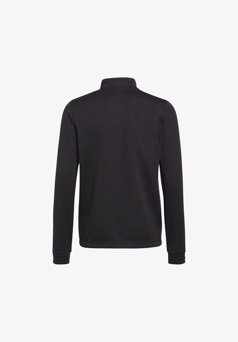 Schwarzer Pullover mit langen Ärmeln und hohem Kragen, aus glattem Stoff gefertigt. Verfügt über texturierte Manschetten und ein sauberes, elegantes Rückendesign.