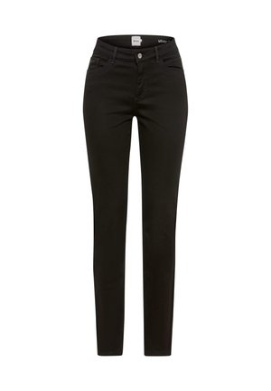 Jeans ajustados negros de corte slim con una cintura de altura media, elaborados con tejido de mezclilla. Presentan cinco bolsillos y un cierre frontal con botón.