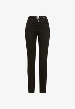 Schwarze Slim-Fit-Jeans mit mittlerer Taille, aus Denim-Stoff gefertigt. Verfügt über fünf Taschen und einen vorderen Knopfverschluss.