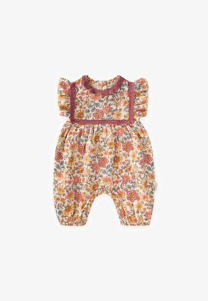 Bloemen baby romper met geplooide mouwen en roze kanten rand, met oranje, gele en groene bloemmotieven op een crèmekleurige achtergrond.