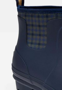 Granatowe gumowe buty z wstawką z teksturowanej tkaniny w kratę w kolorze granatowym i zielonym. Posiadają solidną podeszwę oraz wzmocniony górny brzeg dla zwiększenia trwałości.