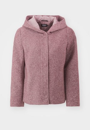 Pink flecked hooded jacket with a textured finish, front button closure, and a contrasting inner lining. Features a relaxed fit and long sleeves.
