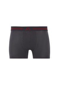 Black boxer briefs with a fitted design, made of smooth fabric, featuring a gray waistband with red stripes and a front pouch for support.