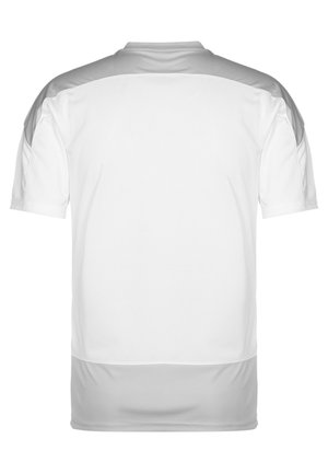 Maillot de sport blanc à manches courtes. Présente une texture en maille, des accents gris sur les épaules. Tissu lisse avec un col rond.