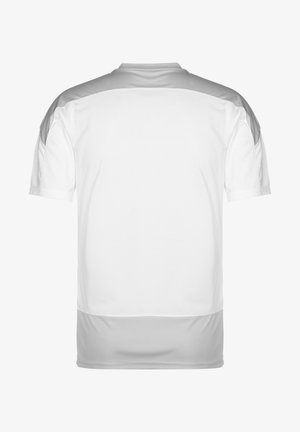 Maillot de sport blanc à manches courtes. Présente une texture en maille, des accents gris sur les épaules. Tissu lisse avec un col rond.