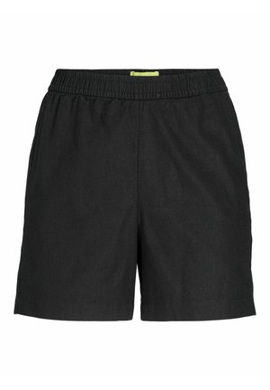 Czarne szorty z elastycznym pasem, wykonane z lekkiego materiału i o prostym, prostym kroju. Brak widocznych kieszeni lub wzorów.