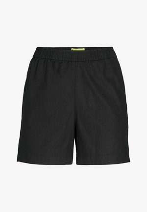 Čierne šortky s elastickým pásom, vyrobené z ľahkého materiálu a jednoduchého, rovného strihu. Bez viditeľných vreciek alebo vzorov.