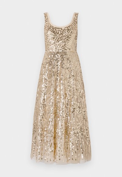 Beige sequin dress with a scoop neckline, embellished with intricate patterns, featuring a fitted bodice that flows into a full-length skirt.