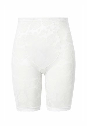 Pantalones cortos moldeadores con estampado floral blanco y textura suave, que presentan una cintura de altura media y un diseño sin costuras a lo largo de las piernas.