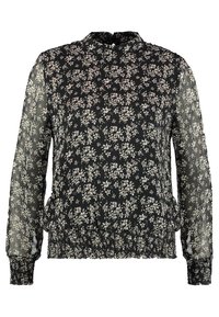 Blusa nera floreale con maniche lunghe trasparenti, orlo arricciato e colletto alto. Presenta piccoli motivi floreali bianchi e verdi su uno sfondo scuro.