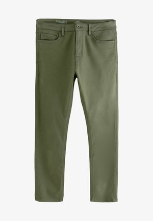 Olivenfarvede bukser med slim fit, lavet af strækstof. Har fem lommer, en knaplukning og diskrete sy-detaljer.