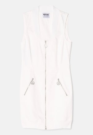 Fehér ujjatlan ruha bordás gallérral, elülső cipzárral és békejeles cipzárhúzókkal. Simaszövet, testhezálló fazon.