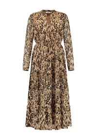 Robe midi à manches longues, à volants, imprimé animal abstrait marron, beige et noir, avec un cordon à la taille.