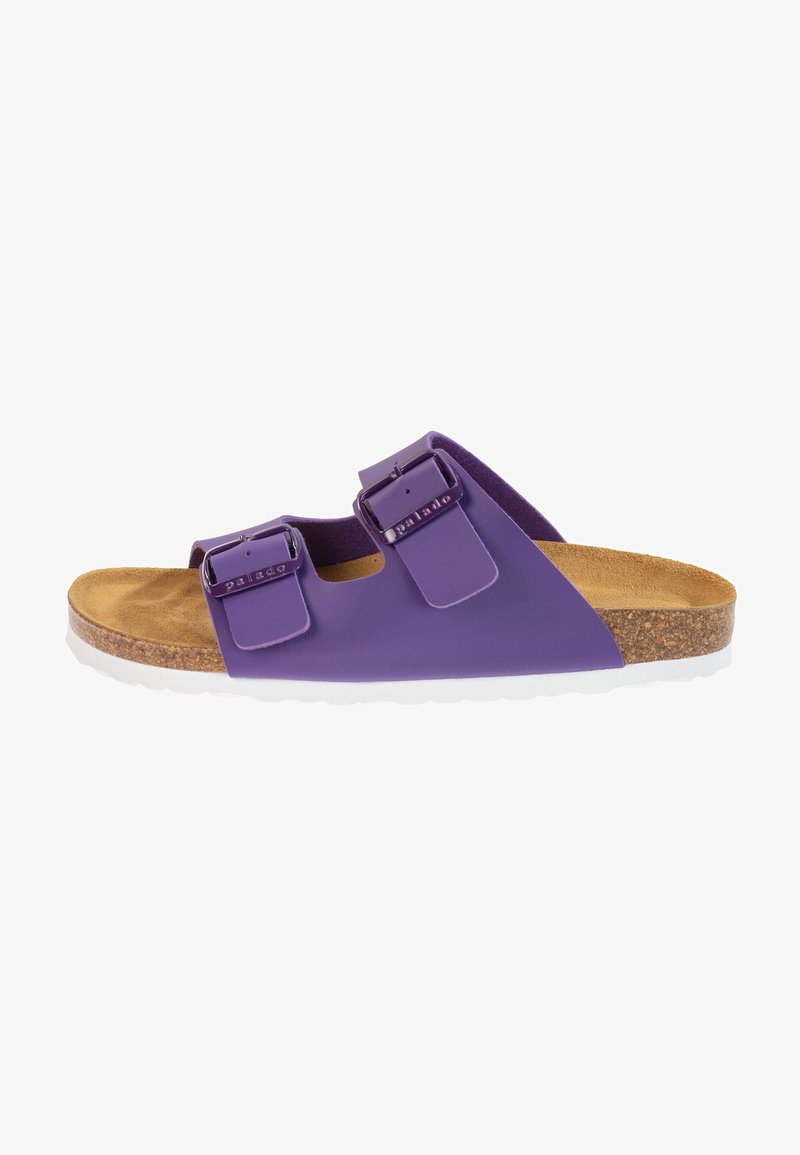 Sandale violette à deux brides en matériau synthétique avec boucles réglables, semelle en liège et semelle extérieure en caoutchouc blanc.