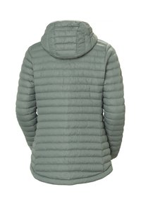 Světlá zelená péřová bunda s prošívaným designem, kapucí a elastickými manžetami. Materiál se zdá hladký a mírně lesklý.