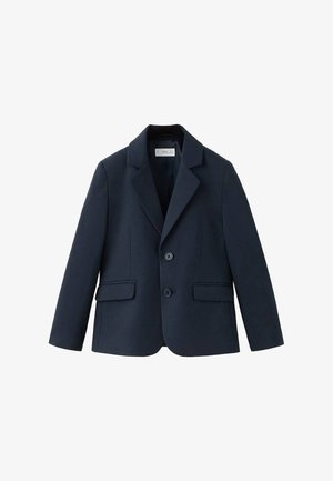 Marineblauer Blazer aus Wollmischgewebe. Mit einem Reverskragen, zwei vorderen Taschen und zwei Knöpfen. Glatte Textur und maßgeschneiderte Passform.