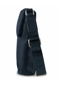 Borsa in tessuto blu navy con forma strutturata, dotata di tracolla removibile e hardware in metallo. Superficie testurizzata con una leggera lucentezza.