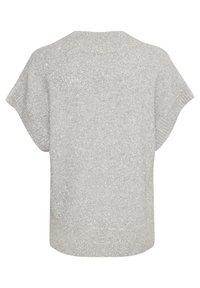 Pull en maille argenté à manches courtes avec un col côtelé et une finition texturée et brillante, présentant une coupe décontractée et sans coutures apparentes.