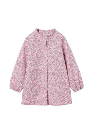 Langärmlige rosa Babybluse mit Blumenmuster, rosa Knöpfen vorne und elastischen Bündchen an den Ärmeln.