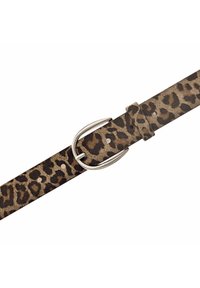 Leopard print leather belt featuring a silver-tone double prong buckle and multiple holes for adjustment. Textured surface with spots.