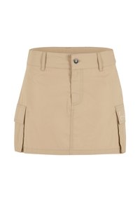 Jupe mini beige avec boutons à l'avant, passants pour ceinture et deux poches cargo latérales, dont une avec un petit logo signature blanc.