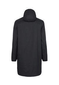 Manteau à capuche noir avec des manches longues, une coupe droite et une texture lisse. La vue arrière montre un design minimaliste sans matériel visible.