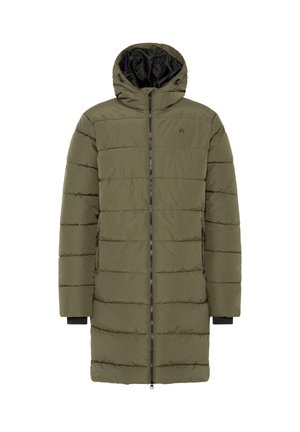 Dlouhá, olivově zelená péřová bunda s kapucí, horizontálně prošívaný design, dvě boční kapsy a zapínání na zip. Černá podšívka.