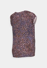 Top sem mangas em azul escuro com um padrão abstrato vibrante em rosa, laranja e azul. Tecido macio com um corte descontraído e decote ligeiramente arredondado.