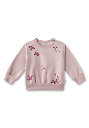 Rosa Sweatshirt mit Rundhalsausschnitt, langen Ärmeln und gerippten Bündchen. Verziert mit gestickten fliegenden Vögeln in Pink und Weiß.
