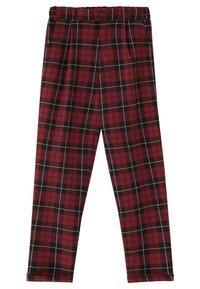Pantalons à carreaux rouges et noirs avec un tissu texturé, dotés d'une fermeture à bouton et de plis à l'avant. Design à motifs avec des lignes blanches contrastantes.
