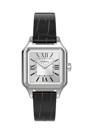 Ασημένιο τετράγωνο ρολόι Timex με μαύρους ρωμαϊκούς αριθμούς, μαύρα δείκτες ώρας και λεπτών και μαύρο δερμάτινο λουράκι με σχέδιο κροκόδειλου.