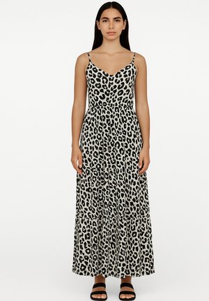 Maxikleid mit Leopardenmuster, dünnen Trägern, tailliertem Oberteil und schwingendem, gestuftem Rock. Farbschema: Schwarz und Creme.