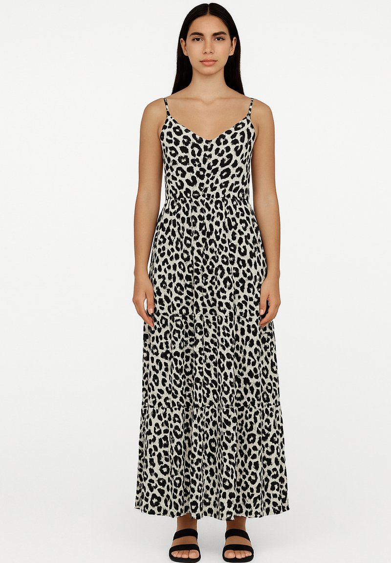 Maxikleid mit Leopardenmuster, dünnen Trägern, tailliertem Oberteil und schwingendem, gestuftem Rock. Farbschema: Schwarz und Creme.