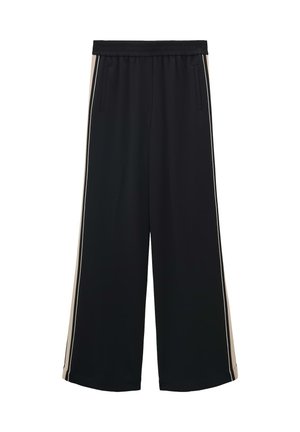 Pantaloni neri a gamba larga con vita elasticizzata, dotati di strisce laterali color crema e due tasche laterali. Tessuto morbido con una vestibilità rilassata.