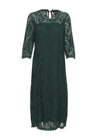 Green lace dress with three-quarter sleeves, a round neckline, and a keyhole back, featuring scalloped edges and floral patterns.