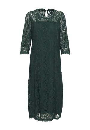 Green lace dress with three-quarter sleeves, a round neckline, and a keyhole back, featuring scalloped edges and floral patterns.