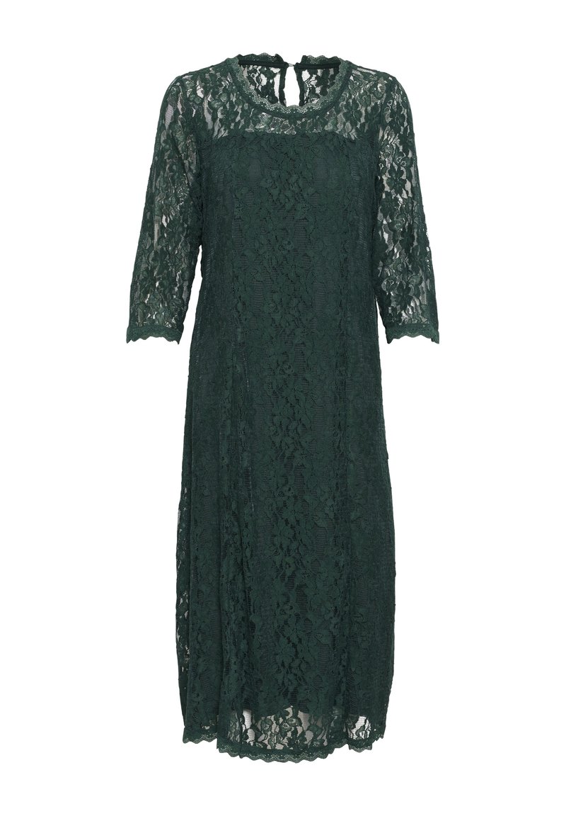 Green lace dress with three-quarter sleeves, a round neckline, and a keyhole back, featuring scalloped edges and floral patterns.
